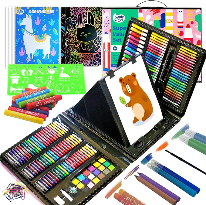 KIDDYCOLOR Kids Art Set, Drawing Art Supplies for Girls & Boys Ages 4-8 with Watercolor Cakes, Oil Pastels, Colored Pencils, Ideal Gift for Young Artist, Black-217pcs