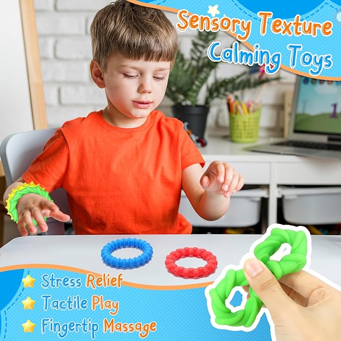 Fidget Toys Sensory Texture Bracelet: 4 Pack Stretchy Tactile Toy for Kids Adults, Classroom Quiet Calm Down Item for Special Needs Autistic Children, ADHD Calming Anxiety Stress Relief for Toddler