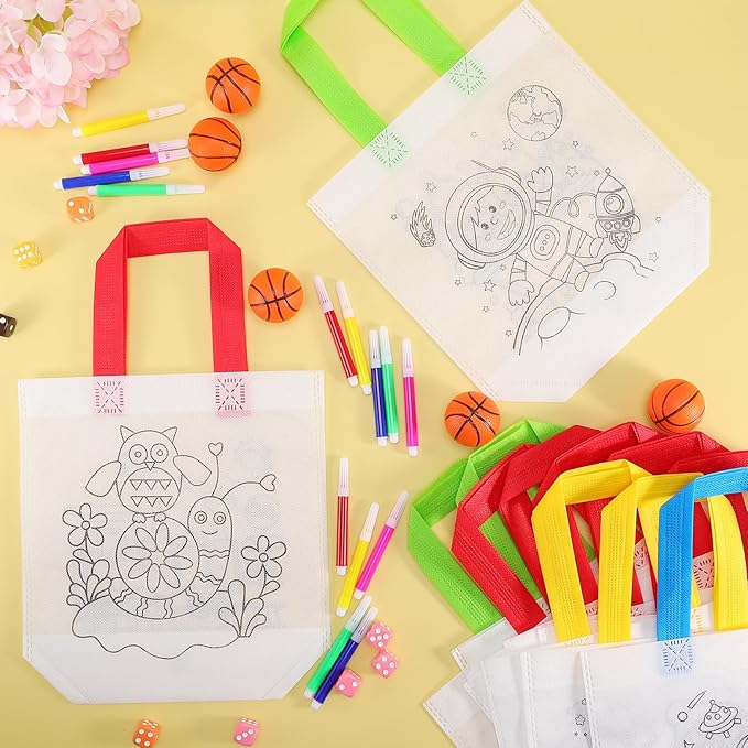 Loccmat 48 Pcs Coloring Goodie Bags for Kids,Reusable Art Party Favor Bags,Non Woven Coloring Totes,Color Your Own Bag,Graffiti Goodie Bags,Birthday Party Favor Bags (22 Styles,240 Colorful Pens)