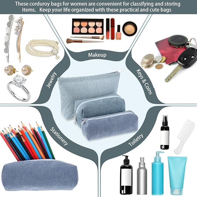 Huhumy 3 Pcs Makeup Bag Set for Women Corduroy Cosmetic Pouch Aesthetic Smile Travel Toiletry Bag Cute Purse Pouch Pencil Case Makeup Brushes Storage Organizer for Valentine(Blue,Gradient)