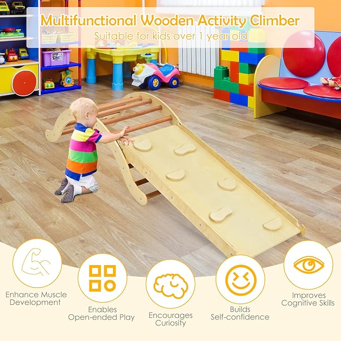 Costzon Climbing Toys for Toddlers, 3-in-1 Montessori Wooden Arch Climber Ladder Structure with Rock Climbing Ramp/Padding, Indoor Gym Learning Playset, Playground for Kids Gift