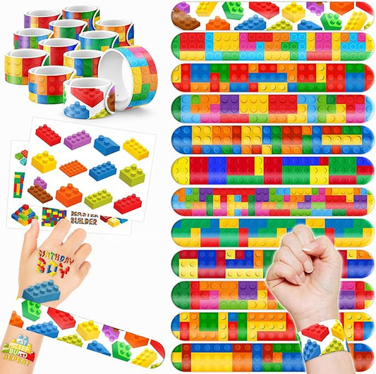 48PCS Building Block Party Favors - 24PCS Tattoos & 24PCS Slap Bracelets - Birthday Party Supplies, Classroom Prizes, Carnival Gifts, Christmas Decorations for Boys & Girls