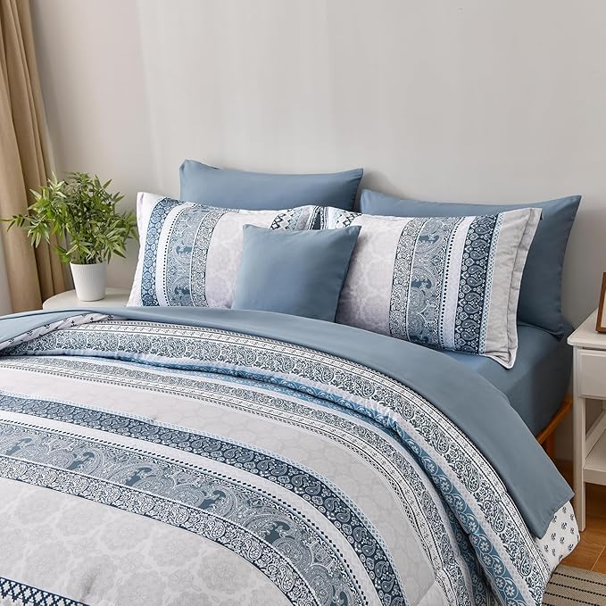 Cottolester Boho Comforter Set King Size Light Blue Comforter Set 8 Piece Bed in a Bag Striped Paisley Bedding Sets