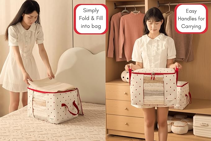 Canvas Storage Bags Designer Organizer 2 Pack – Seasonal Storage for Sweaters, Blankets, Linens & Garments – Foldable Design with Zip & Window, Moth-Proof Space Saver, Strawberry Print