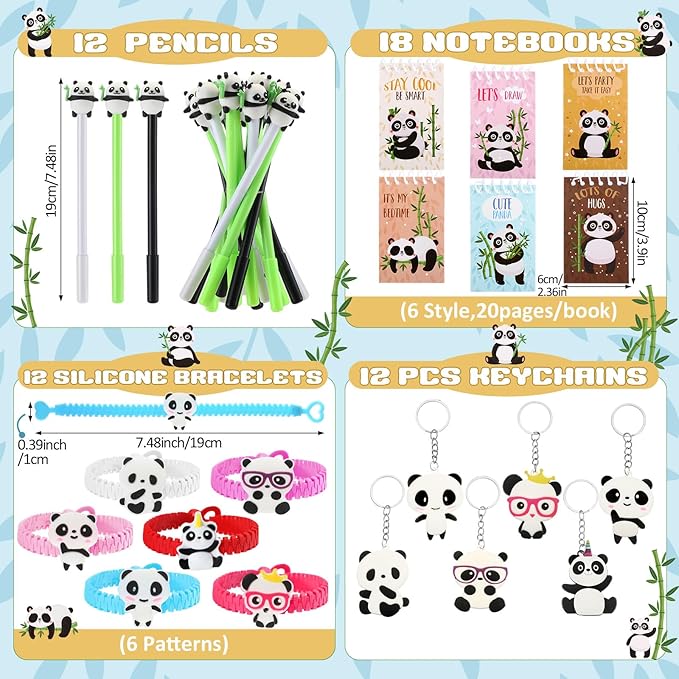 Abbylike 129 Pcs Panda Party Supplies Favors for Kids Panda Themed Birthday Party Supplies Gifts Include Panda Stickers Keychain Notebook Drawstring Bags Badges Pens Silicone Wristbands Headbands