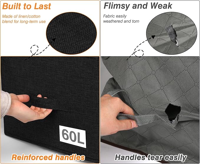 60L Comforter Storage Bag, Sturdy Construction Blanket Storage Bin w/Durable Handles, Foldable Storage Box w/Dual Zippers for Sheets Quilts Sweaters Bedding Sets Pillows, 2 Pack, Black