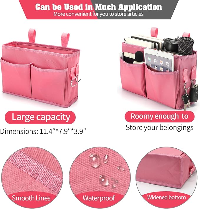 Bseash Bunk Bed Organizer, Bedside Caddy Hanging Bed Organizer Storage Bag with 4 Pockets and 2 Hooks, for College Dorm Rooms Bed, Hospital Bed, Baby Bed Rails, 600D Oxford Cloth (Pink)