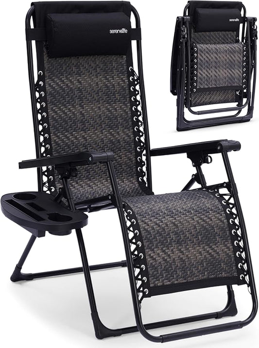 SereneLife Outdoor Zero Gravity Lawn Chair Black Adjustable Foldable Recliner with Detachable Side Table Cup Holder Padded Pillow Lightweight Patio Furniture Reclining Chair for Outdoors