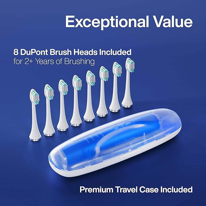 Aquasonic Vibe Series Ultra-Whitening Toothbrush – ADA Accepted Electric Toothbrush - 8 Brush Heads & Travel Case – 40,000 VPM Motor & Wireless Charging - 4 Modes w Smart Timer – Sapphire Blue