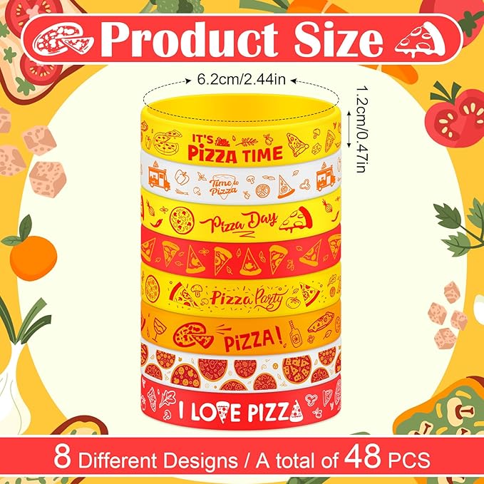 48Pcs Pizza Party Wristbands Silicone Bracelets Pizza Birthday Party Supplies Pizza Theme Stretch Bracelets Gifts for Women Men Teen Pizza Party Favors School Prizes, 8 Styles