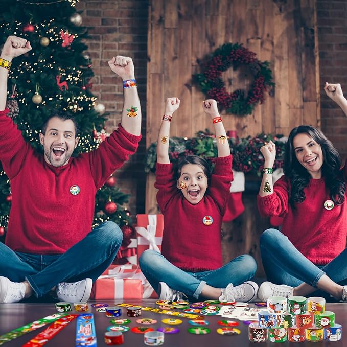 Cinrobiye 144pcs Christmas Slap Bracelets Button Pins Tattoo Stickers Christmas Snap Bracelets Xmas Badges Party Favors Supplies for Holiday School Reward Goodie Bag Stocking Stuffers Fillers(Set 1)