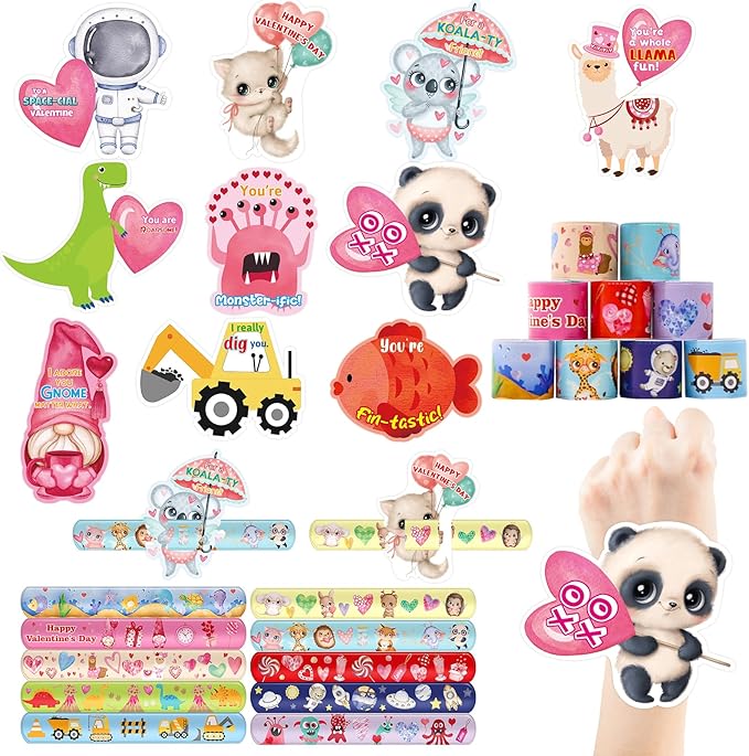 ceiba tree 30Pcs Valentine's Day Slap Bracelets with Cards Gifts for Kids Valentines School Classroom Class Classmates Exchange Prizes Party Favors Goodie Bag Stuffers