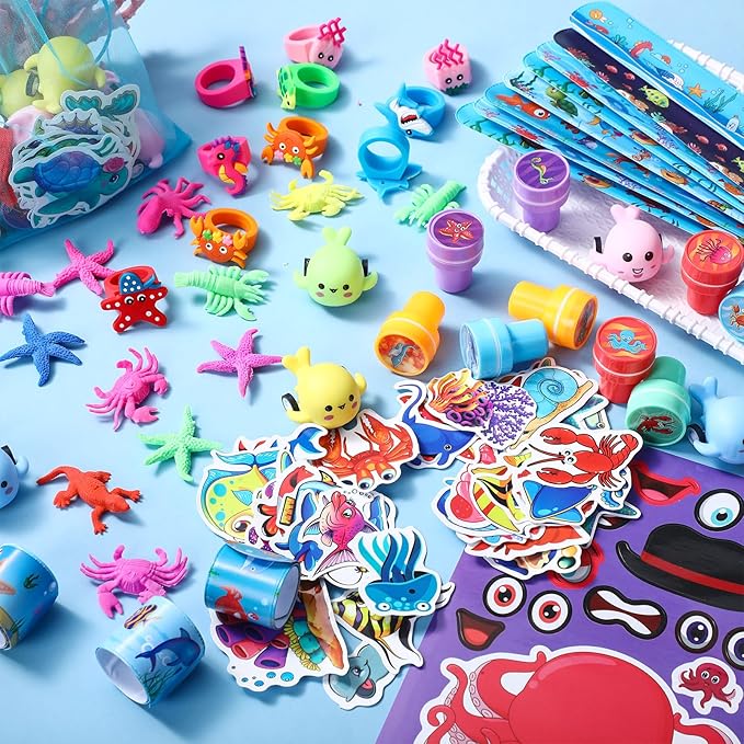 Capoda 156 Pcs Under the Sea Party Favors Ocean Themed Gifts Bulk Sea Animal Stickers Squeeze Slap Bracelet Stampers Piñata Stuffers for School Classroom Prizes Birthday Goodie Bag Fillers