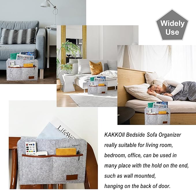 Bedside Caddy, Sofa Caddy, Storage Organizer Pocket for Dorm, Bedroom, 5 Pockets Felt Organizer for Magazine, Remote, Phone, Tablet, Pad, Glasses, Pen, Remote Control (Light Grey-Short)