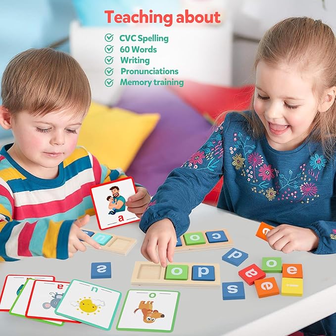 Wooden Reading Alphabet CVC Word Spelling Games Short Vowel Sight Words Flash Cards Preschool Kindergarten Learning Activities Montessori Educational Toy Gift for Kids 3 4 5 Years Old