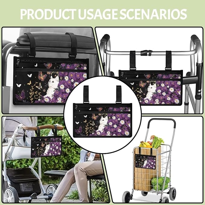 ZOUTAIRONG Purple Daisy Cat Butterfly Wheelchair Side Bag Walker Bag Wheelchair Accessories for Adults Waterproof Armrest Organizer Storage Pouches