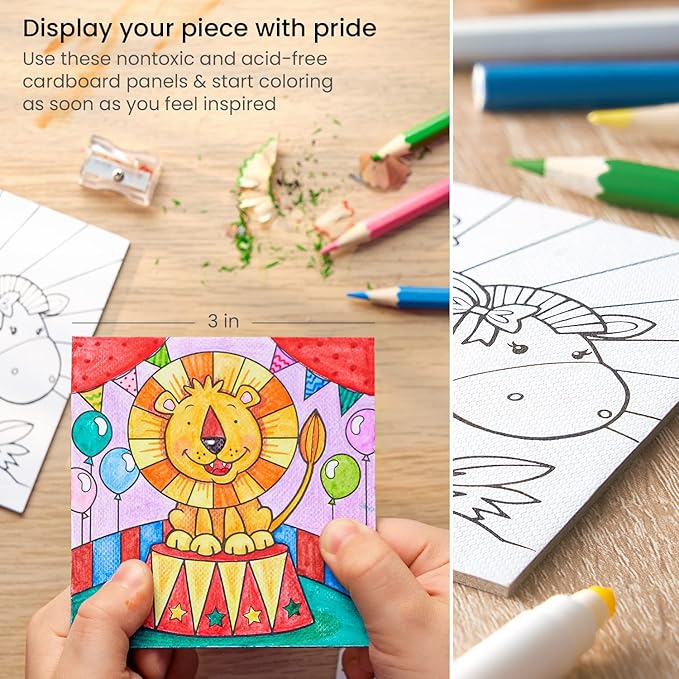 ARTEZA Kids Animals Coloring Kit, 3 Canvases 4 x 4 Inches, 10 Markers, 16 Watercolor Pencils, 1 Paint Brush, 1 Sharpener, Art Set for Kids Activities