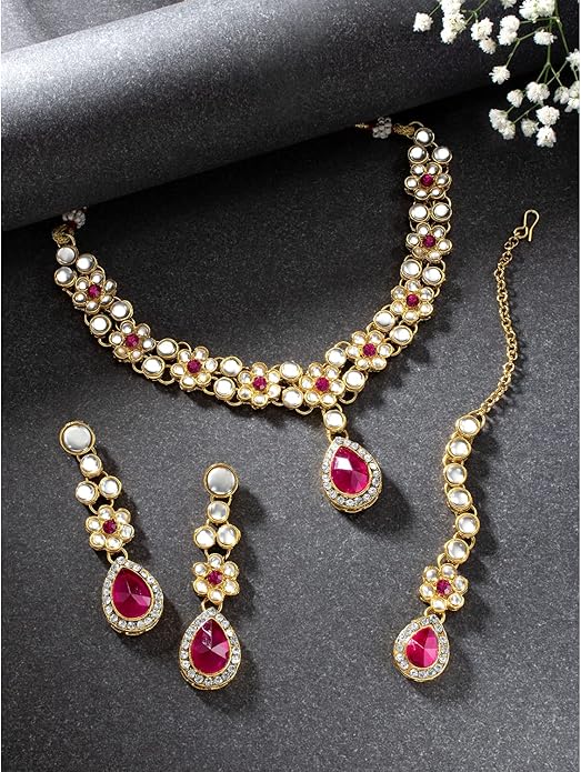 Aheli Traditional Gold Plated Kundan Beads Studded Choker Necklace Dangle Earrings & Maangtikka Set Ethnic Fashion Jewellery Gift for Women