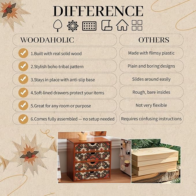 Boho Green Wooden Desk Organizer with Drawers – 4-Drawer Desktop Storage Box – Rustic Tribal Wood Desk Organizer for Office, Vanity, or Craft Supplies – Compact & Stylish Wooden Storage Drawers