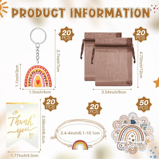 130 Pcs Rainbow Party Favors Including 20 Bohemia Bracelet 20 Rainbow Keychains 50 Rainbow Stickers 20 Organza Bags 20 Thank You Tags for Rainbow Baby Shower Party Decorations