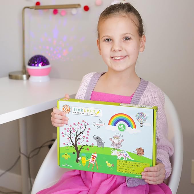 ButterflyEdufields 6in1 Stencils for Kids Drawing – 60pcs Art Supplies kit for Girls & Boys with 50+ Free Hand Drawing Challenges, Dinosaur Super Heroes Stencils, Finger Painting, Sponge Art