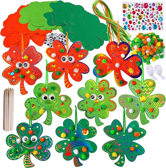 36 Sets Magic Color Scratch Art Shamrock Ornaments Craft Kits St. Patrick's Day Decorations Lucky Shamrock Four-Leaf Clover Ornaments Pom-poms Googly Eyes for Kids Classroom Home Activity Art Project