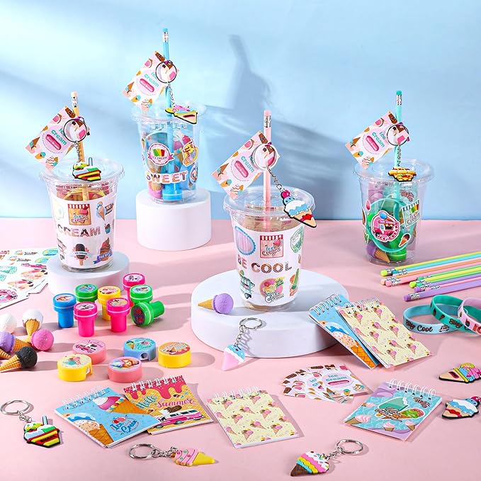 Colarr 161 Pcs Ice Cream Party Favors School Stationery Set Includes Gift Cup Notebook Pencil Sharpener Eraser Keychain Stamp Slap Bracelet Sticker Card Valentine's Day gift for Child Supplies