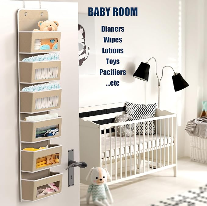 Simple Houseware 6 Clear Window Pocket Over Closet Door Storage Hanging Organizer for Bedroom, Bathroom, Pantry, Beige