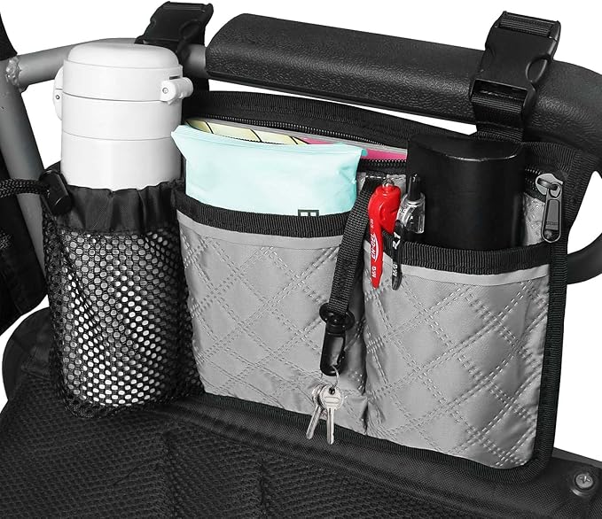 Wheelchair Bag with Cup Holder, Wheelchair Accessories Armrest Side Bag Multi Pockets Pouch for Electric Wheelchairs, Walker, Rollators & Mobility Scooters, Adults, Seniors, Grey
