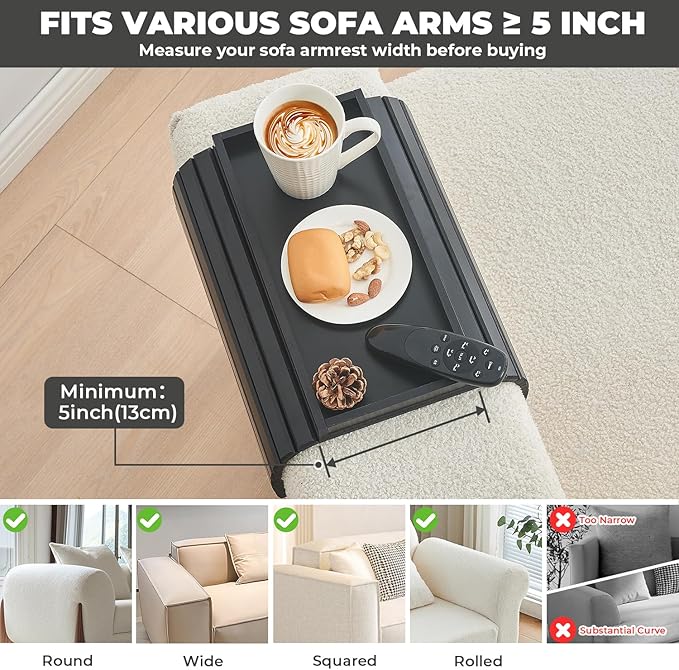 Bamboo Sofa Arm Tray, Anti Falling Couch Arm Tray Table, Foldable Couch Armrest Table, Portable Sofa Armrest Trays Cup Holder for Drink, Cups, Phone, Snacks, Remote