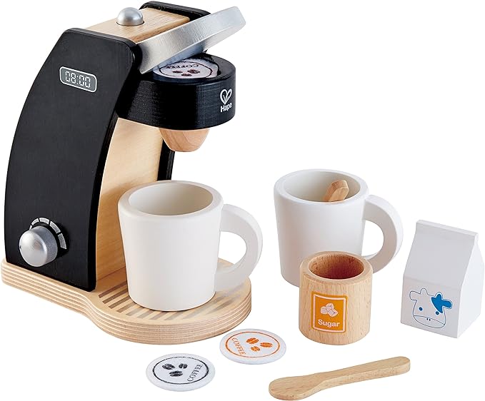 Hape Wooden Black Coffee Maker Kitchen Set with Accessories| Pretend Play Toy Set for Kids Ages 3 Years and Up