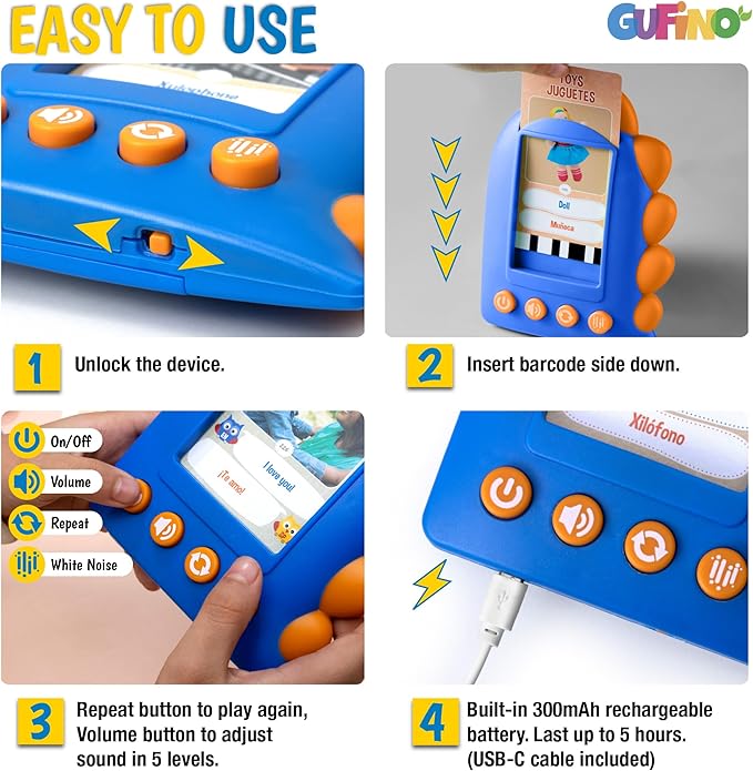 GUFINO Talking Flash Cards – 300 Spanish Flashcards for Kids for Cognitive Abilities & Boost Language Development – Learning Games, Blue Toddler Boy Gifts. See and Say Toys for Toddlers