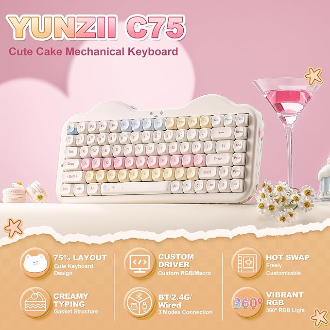 YUNZII C75 Wireless Mechanical Keyboard,75% Layout, Hot-Swappable NKRO,BT5.0/2.4G/USB-C Mode,Dye-Sub PBT MOA Keycaps,RGB Gasket Mount,Cute Cake Design for Mac/Win/Gaming (Beige, Milk V2 Switch)