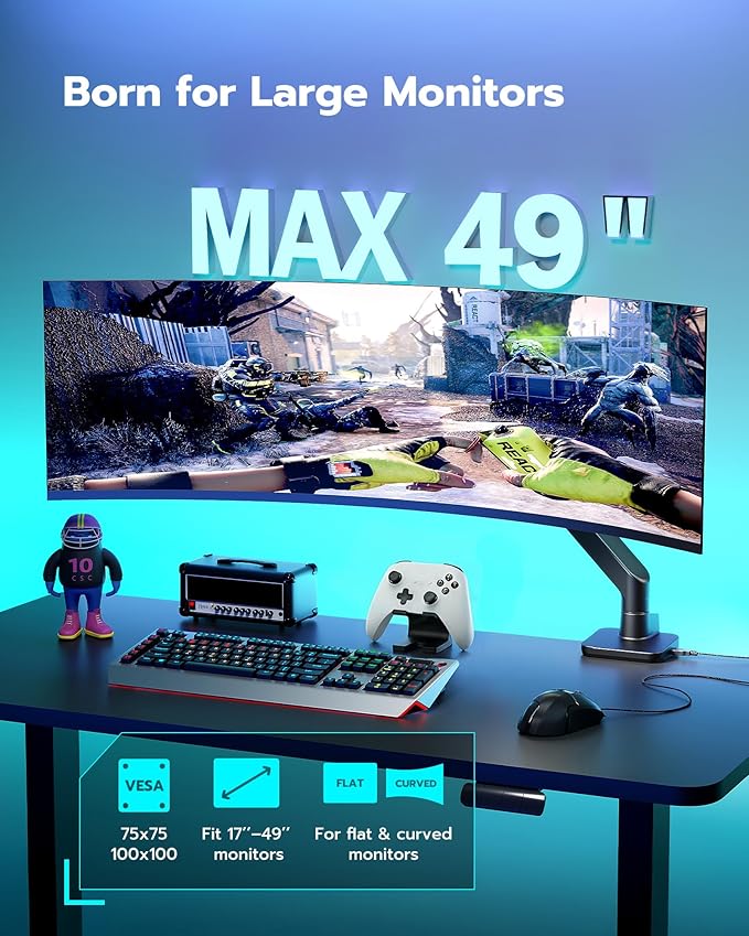 ARES WING Ultrawide Monitor Arm with USB A/C, for 17 to 49 inch Heavy Duty Screen, Holds 44 lbs, Adjustable Gas Spring Arm Desk Mount with Clamp and Grommet Base, Black