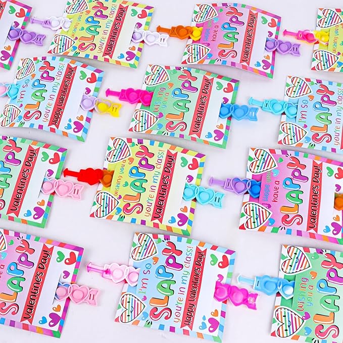 24 Packs Valentine Day Party Favors Kids, Heart Pop Fidget Toys Bulk Bracelets Cards for Kids School Classroom Prizes, Valentine's School Class Exchange Cards and Kids Party Favors
