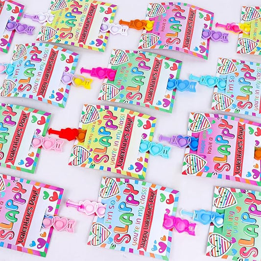 24 Packs Valentine Day Party Favors Kids, Heart Pop Fidget Toys Bulk Bracelets Cards for Kids School Classroom Prizes, Valentine's School Class Exchange Cards and Kids Party Favors