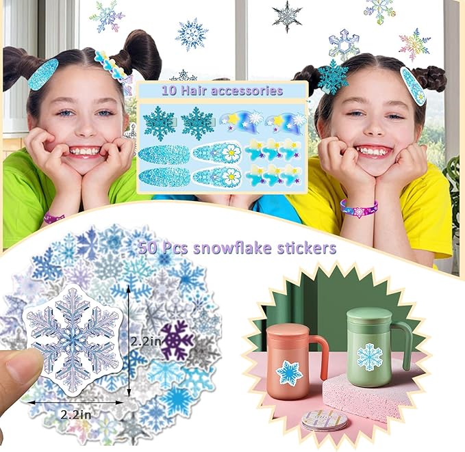 132Pcs Snowflake Party Favors Set Birthday Party Supplies Include 12 Bracelets, 10 Keychain, 10 snowflake squishies,10 wristbands,10 Hair accessories,10 straws,10 Bubble,50 Stickers and 10 Gift bags