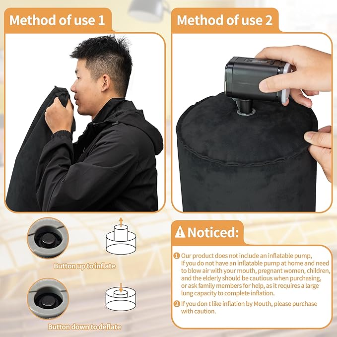 EULANT Inflatable Body Pillow for Adults,47inch Inflatable Travel Body Pillow for Sleep Long Hug Pillow Bolster Pillow for Sleeping,Back(Black)