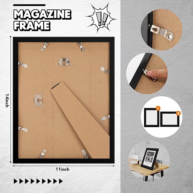 Geetery 4 Pcs Sports Magazine Frame for Wall Fits Measuring 8.5 x 11.25" Magazine Display Frame with Installed Hangers and Core Matting Plastic Comic Book Frames for Wall Hanging(Black , Black Mat)
