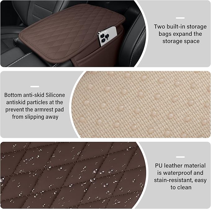 Amiss Car Center Console Cover, Upgraded Leather Car Armrest Cushion with 2 Storage Pockets, Universal Waterproof Cushion Pad, Non-Slip Car Interior Accessories, Fits Most Sedans SUVs Trucks (Brown)