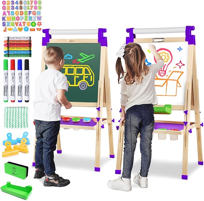 JOYOOSS Art Easel for Kids Art Easel Kids Easels for Toddlers,Wooden Kid Easel with Paper Roll - Chalkboard for Kids Adjustable Double Sided Kids Dry Erase Board, Toddler Art Easel for Kids Ages 4-8