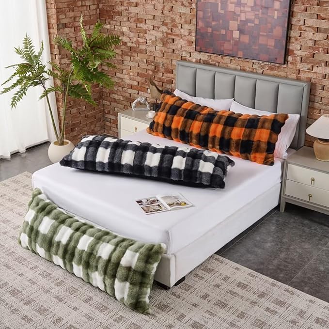 Luxury Shaggy Faux Fur Body Pillow,Fluffy Bed Pillow with Zipper Closure,Soft Decorative Plush Full Long Pillows,Fuzzy Hug Pillow for Living Room Side Sleeper & Pregnancy 20"x54" Sage Green Grid Print
