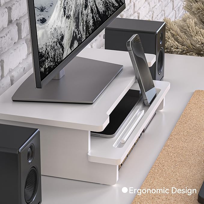 WELL WENG Monitor Stand Monitor Stand Riser for Desk,Wood Desk Shelf Storage Organizer with Phone Tablet Holder (16.5 Inch, White)