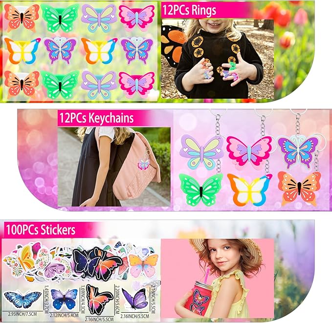 196Pcs Butterfly Party Favors Butterfly Birthday Party Supplies Tattoos Stickers Bracelets Necklaces Rings Whistles Keychains Fairy Party Favors for Girls Birthday Party Favor