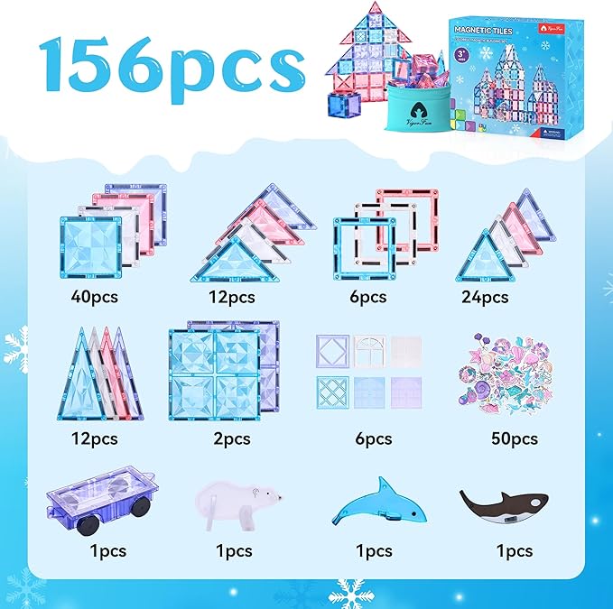 Magnetic Tiles Set, Frozen Magnet Building Blocks with Car Animal Models and Stickers, Construction Educational STEM Sensory Toys Gifts for for 3 4 5 6 7 8 + Year Old Kids Toddlers Boys Girls