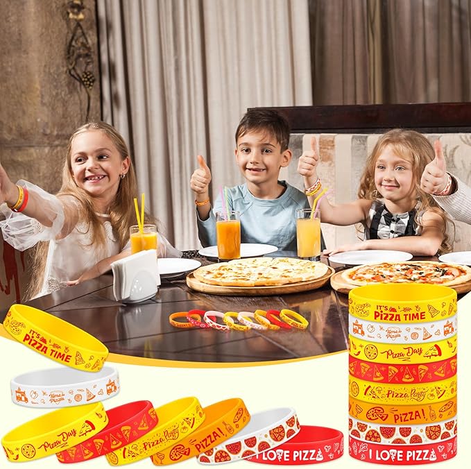 48Pcs Pizza Party Wristbands Silicone Bracelets Pizza Birthday Party Supplies Pizza Theme Stretch Bracelets Gifts for Women Men Teen Pizza Party Favors School Prizes, 8 Styles