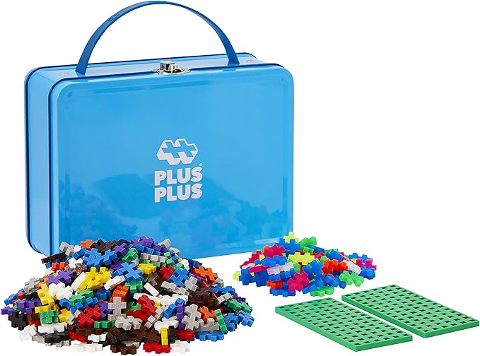 PLUS PLUS Building Set with Metal Suitcase, 3D Open Ended Stem Toy for Kids, 600 Mini Interlocking Pieces, 2 Green Baseplates