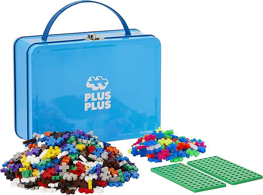 PLUS PLUS Building Set with Metal Suitcase, 3D Open Ended Stem Toy for Kids, 600 Mini Interlocking Pieces, 2 Green Baseplates