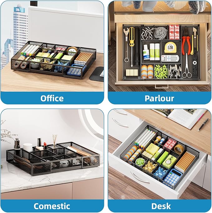 Marbrasse Expandable Desk Drawer Organizer, Mesh Drawer Organizer Tray with 10 Adjustable Compartments, Desk Organizers and Accessories, 5 Dividers Drawer for Office Supplies, Makeup & Vanity (Black)