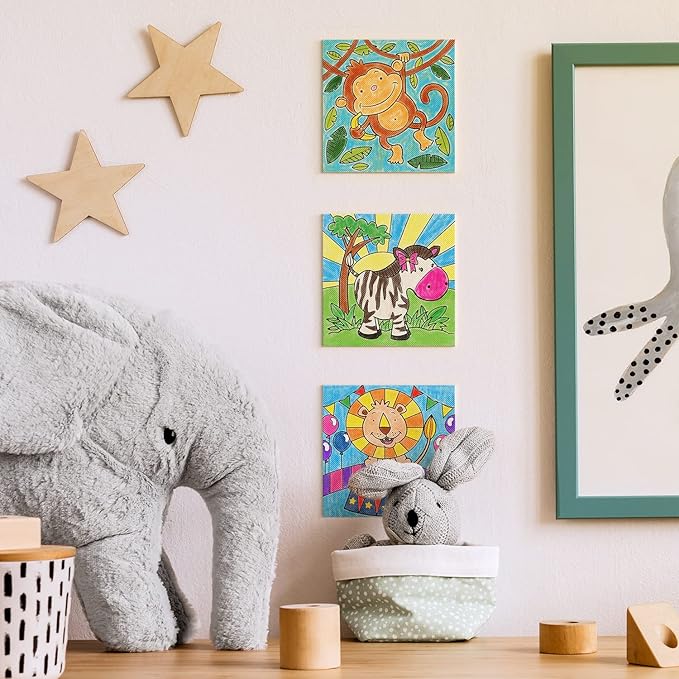 ARTEZA Kids Animals Coloring Kit, 3 Canvases 4 x 4 Inches, 10 Markers, 16 Watercolor Pencils, 1 Paint Brush, 1 Sharpener, Art Set for Kids Activities